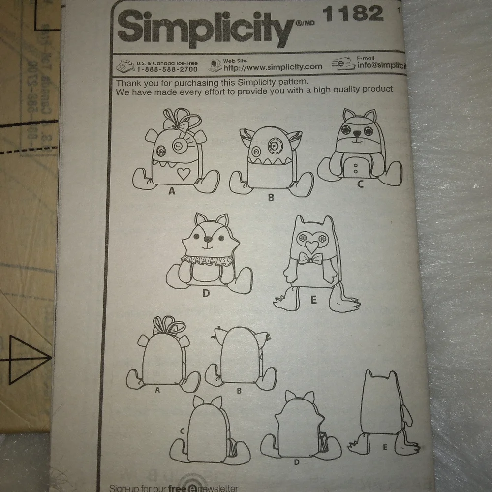 SIMPLICITY 1182 Stuffed Animals and Monsters by Ruby Jean's Closet